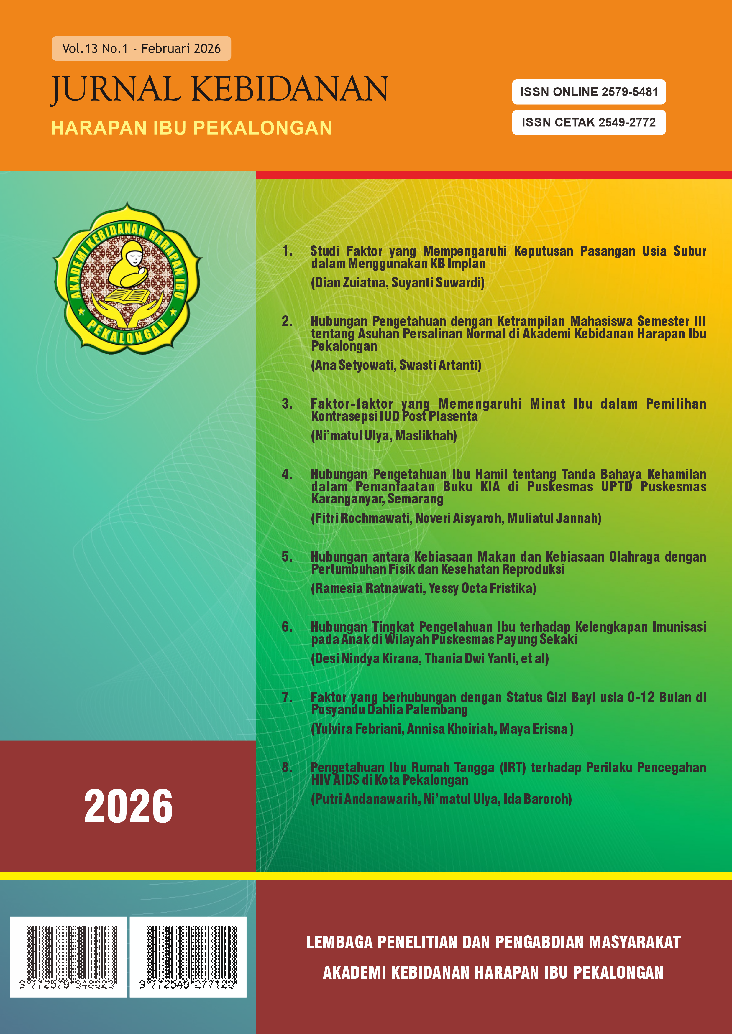 					View Vol. 13 No. 1 (2026): Jurnal Kebidanan Harapan Ibu Pekalongan
				